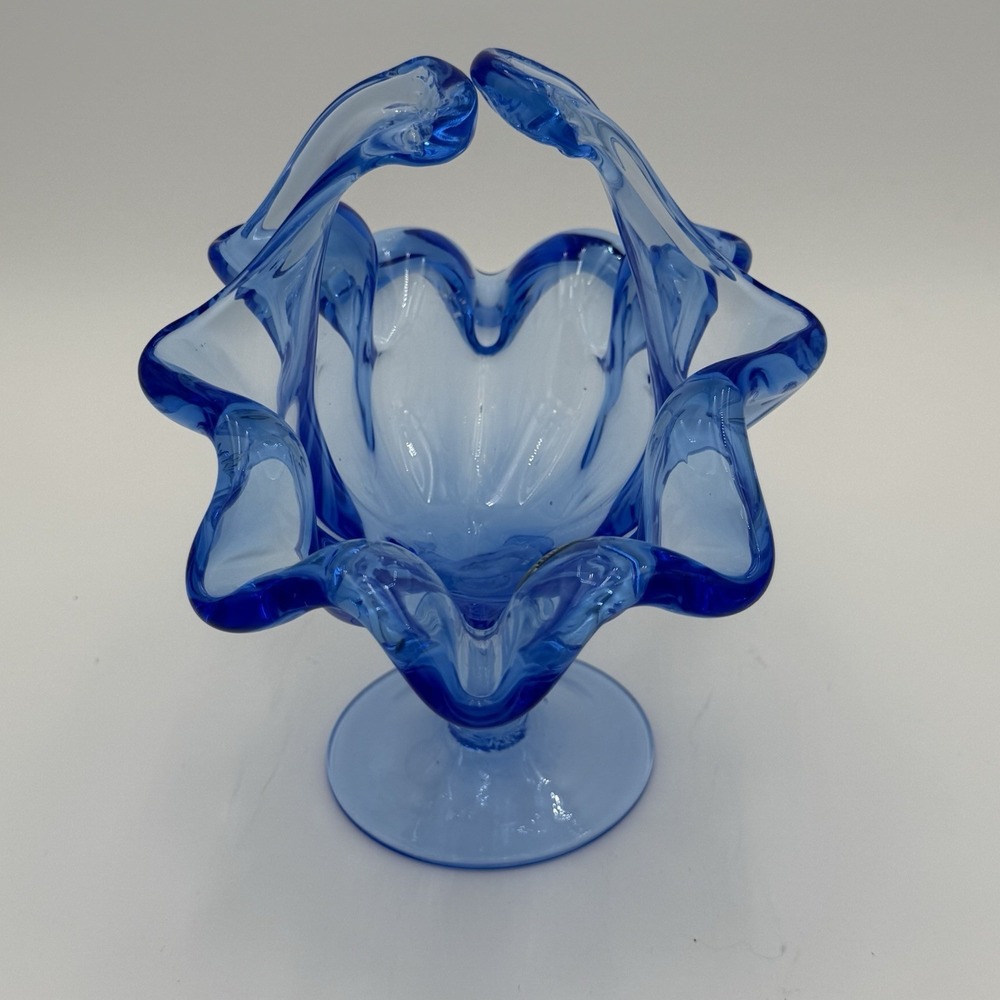 Art Glass Blue Hand Blown Pedestal Basket Candy Dish Ruffled Edge EUC
